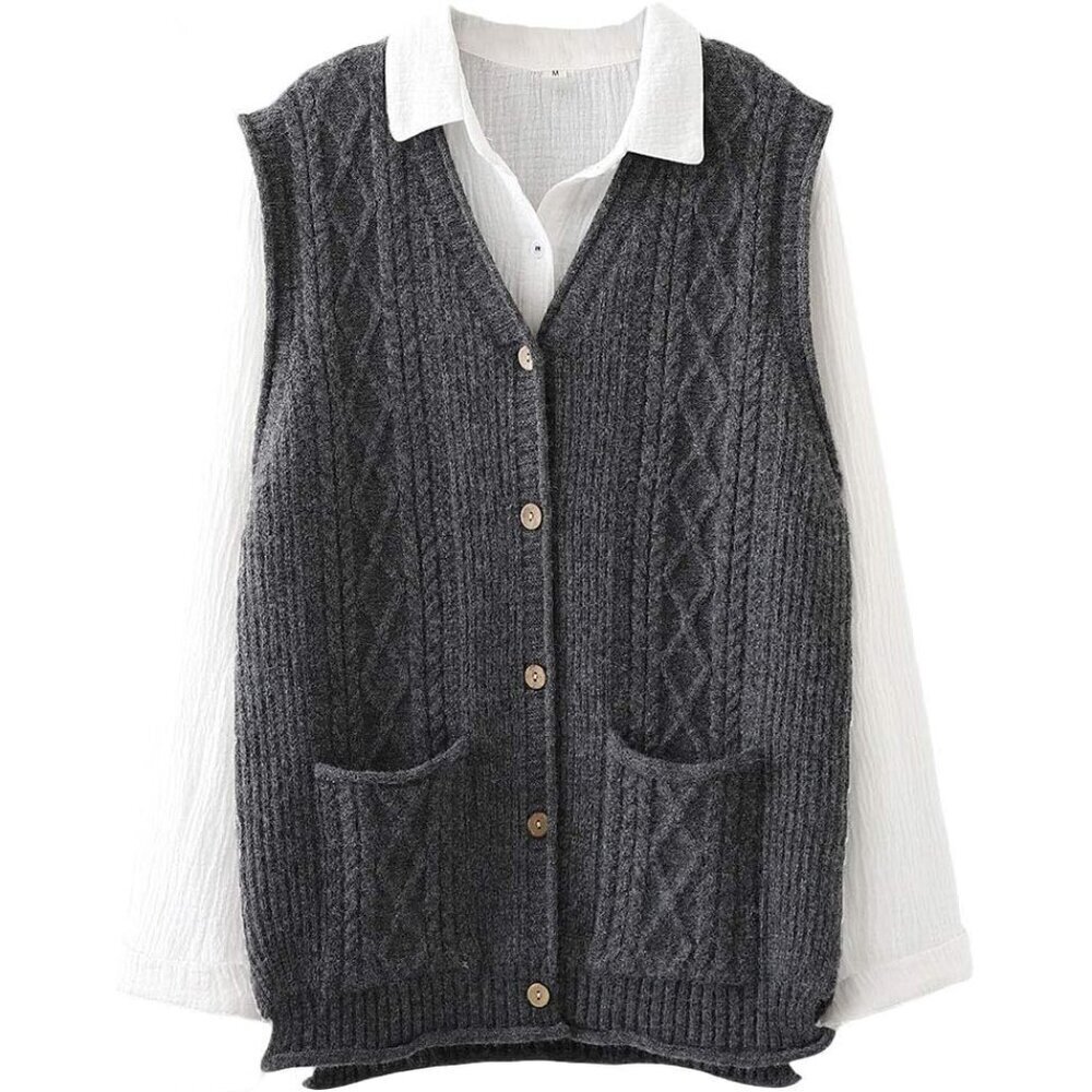 Women's Sleeveless Sweater Vest Cotton V-Neck Buttons Pockets Casual